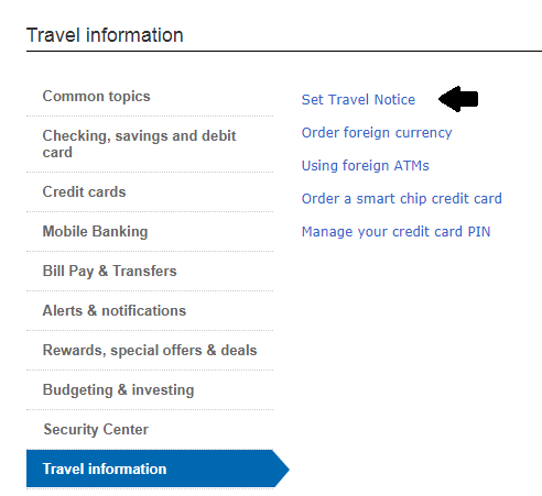 travel notice bank of america