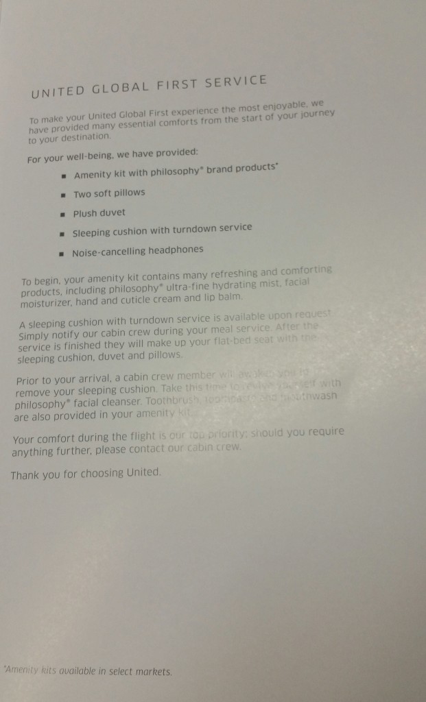 united global first class amenities