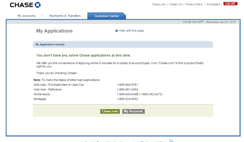 chase business credit card application status number