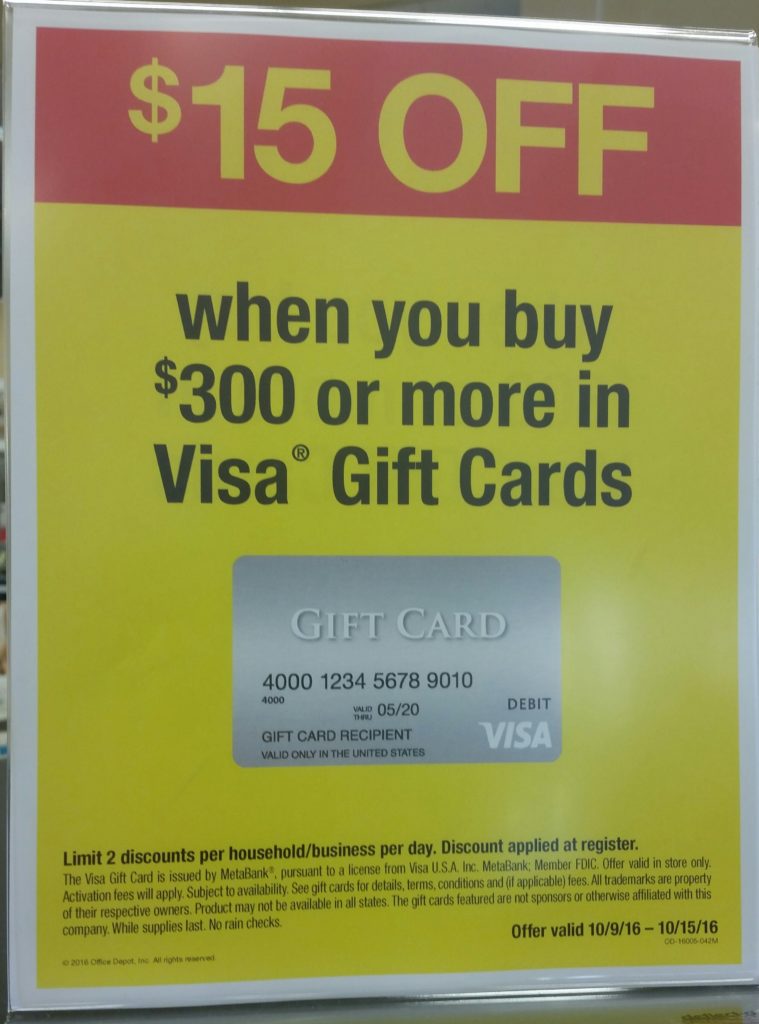 $15 Off $300 Purchase of Visa Gift Cards at OfficeMax & Office Depot