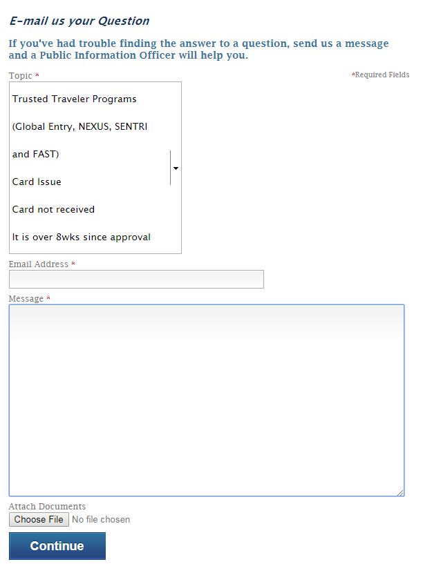 email to CBP that lost my Global Entry card and asking them to send me a replacement card because it was not received in the mail