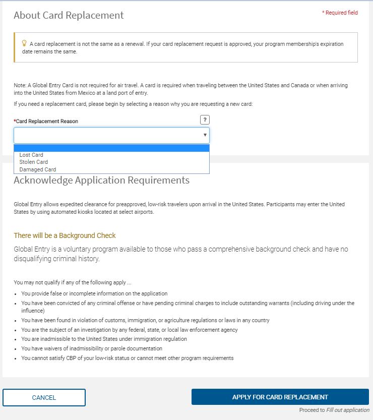 lost stolen damaged Global Entry membership card replacement