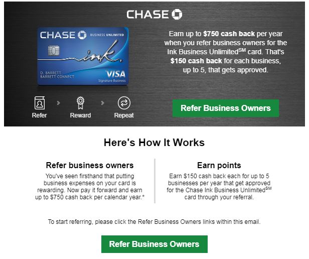 Earn 150 For Each Referral to Chase Ink Business Unlimited Card
