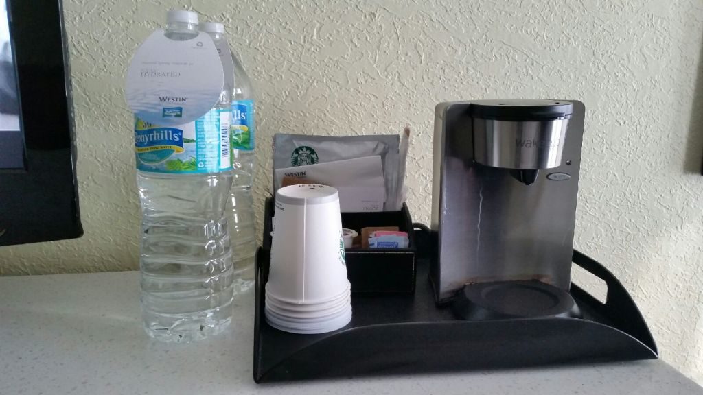 grand cayman westin coffee and water in room