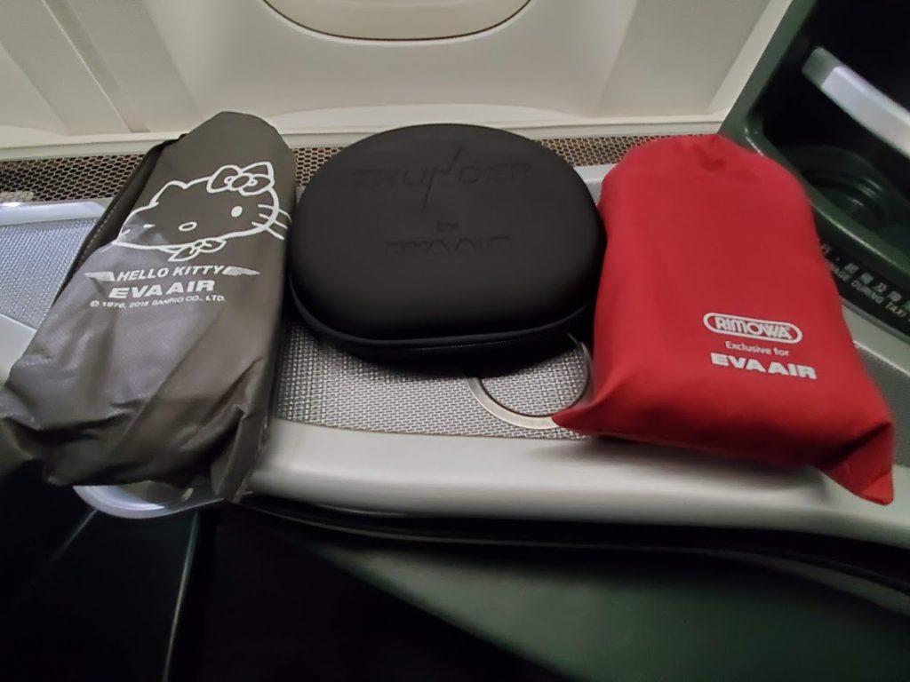 eva air business class amenities kit, headphones and slippers