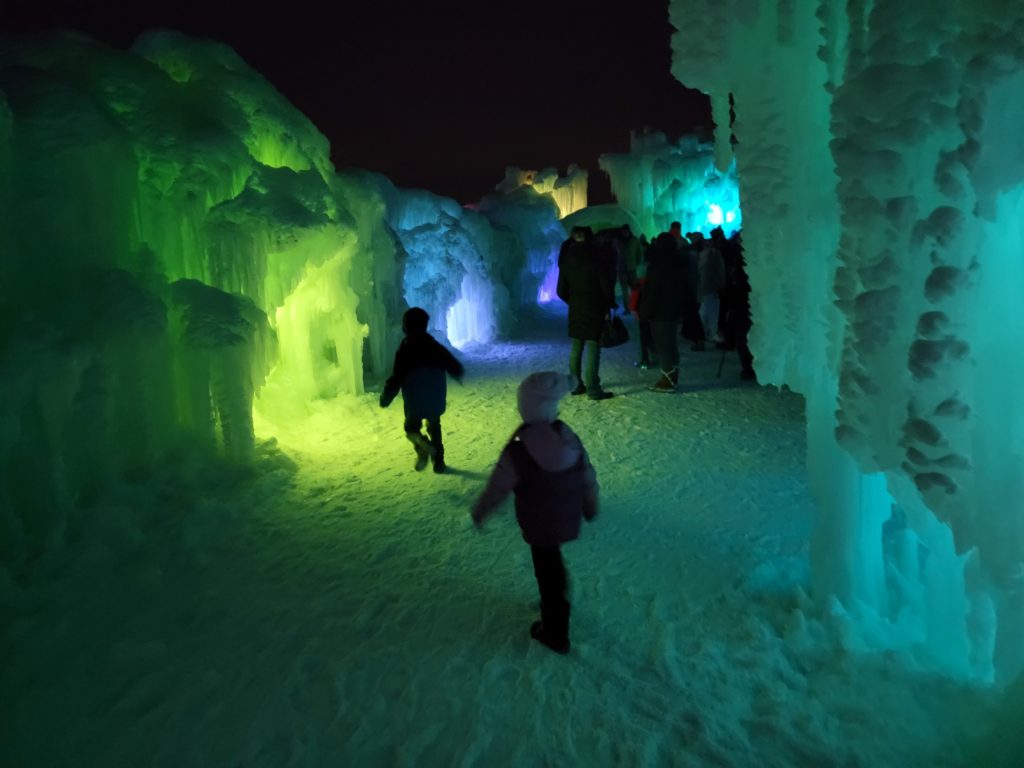 ice castles in Lake Geneva Wisconsin at night
