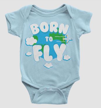 a blue baby bodysuit with white text and airplane flying in the sky