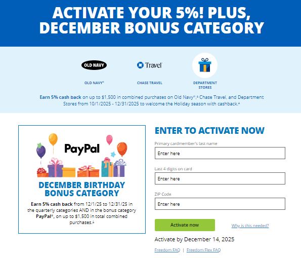Chase Freedom Flex 2025 4th Quarter 5% Bonus Categories – Register Now!
